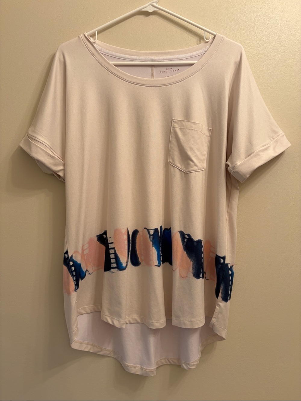 new directions Cream Short Sleeve Pocket Tee with Navy & Blush Hem Print